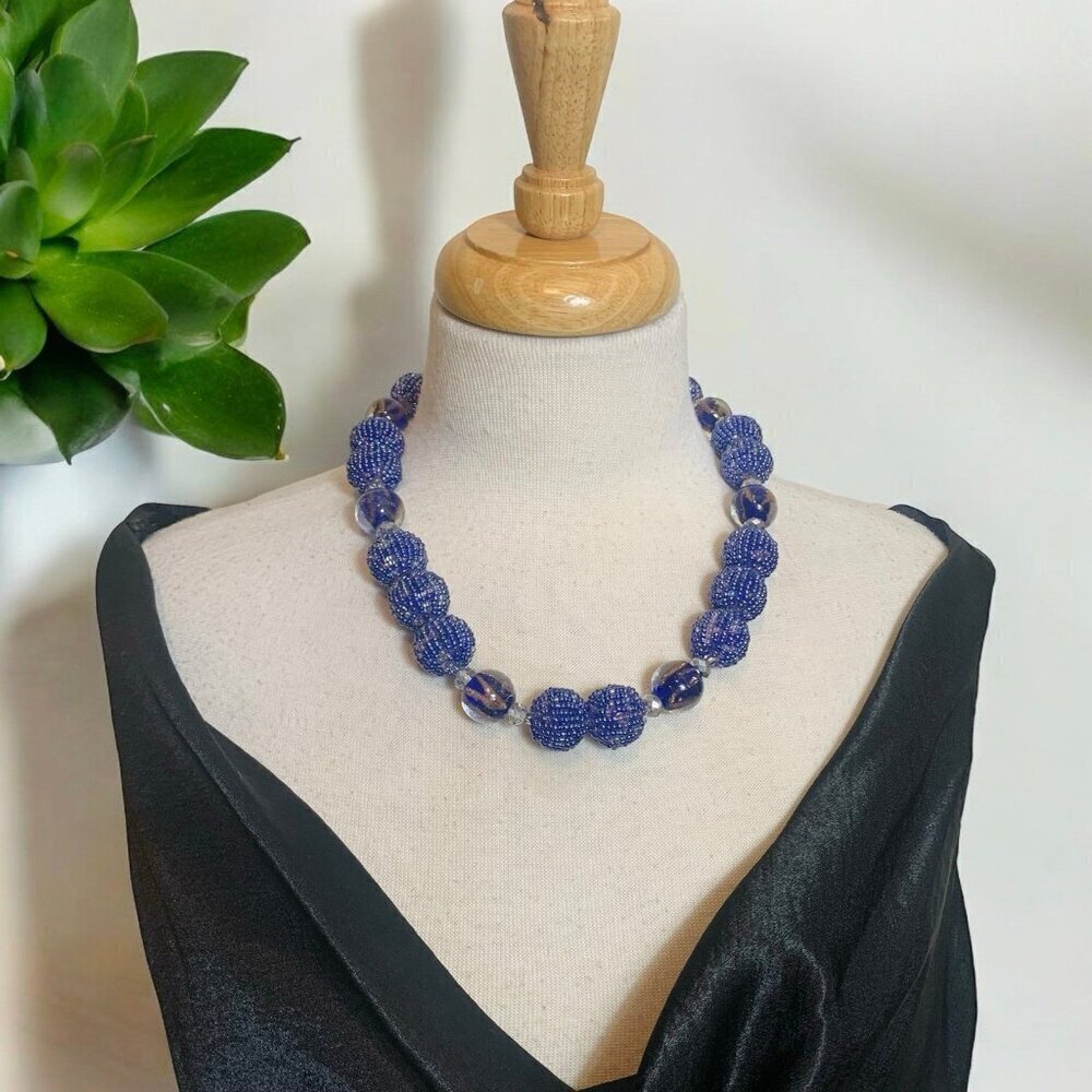 Chunky Peacock Blue Bead Ball Necklace